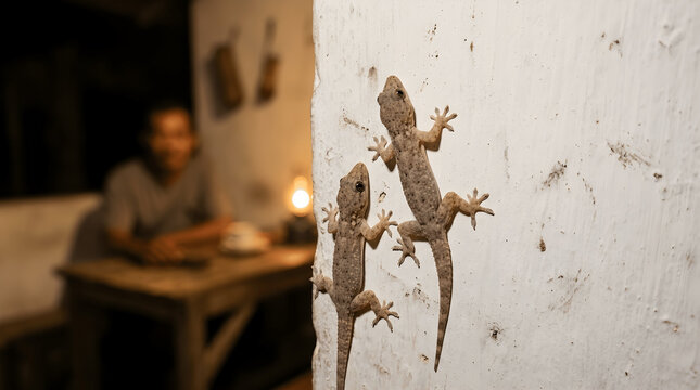 Two small house geckos crawling together on a textured white indoor wall inside a dimly lit room during the night.