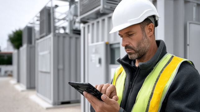 Energy storage engineer wearing white helmet and yellow safety vest using tablet outside modern power facility, focused and professional