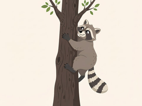 A cute cartoon raccoon climbing up a tree trunk.