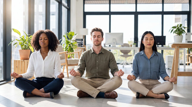 Three young diverse professionals sit cross-legged meditating on an office floor with plants and soft sunlight, great for World Mental Health Day mindfulness social content.