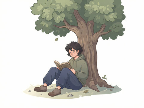 A young person with dark curly hair sitting under a tree reading a book.