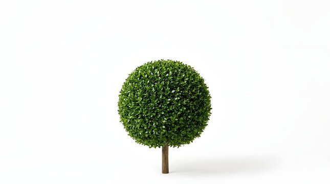 Small green topiary tree standing on white background