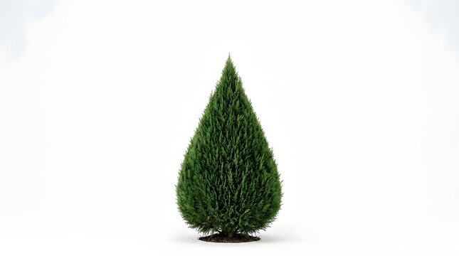 Green teardrop shaped evergreen shrub on white background
