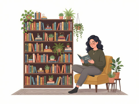 A young woman with dark curly hair sitting in a comfortable armchair and reading a book.