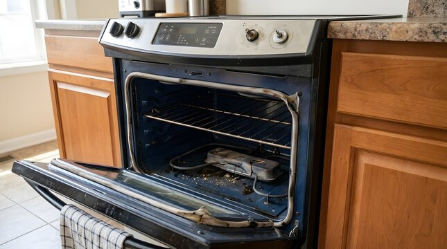 Open Electric Oven with Broken Heating Element and Damaged Door Seal