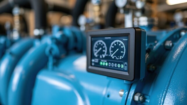 Digital control panel mounted on blue industrial machinery