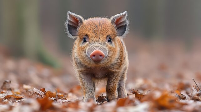 Tiny, reddish-brown piglet in autumn leaves