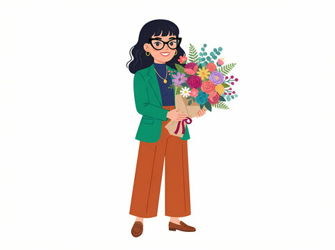 A stylish woman with dark hair and glasses holding a vibrant bouquet of flowers.