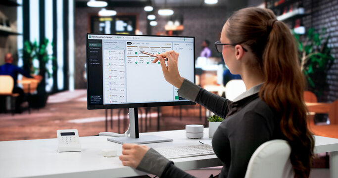 Young Woman At Retail Store Laptop Tracking Daily Sales