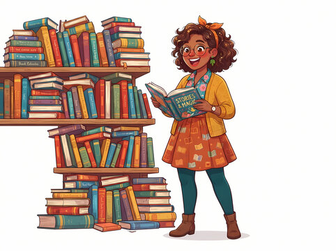A young girl with curly hair happily reading a book next to a large stack of books.