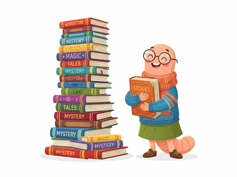 A cute cartoon worm character wearing glasses and a scarf holding a book next to a tall stack of colorful books.