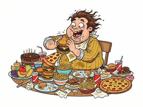 A gluttonous man eating a large variety of fast food at a table.