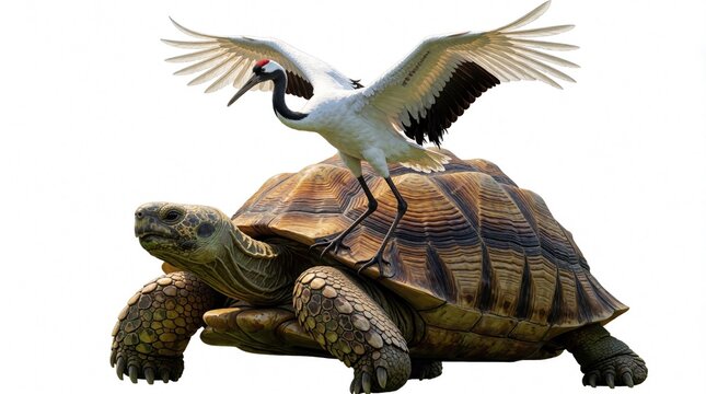 Red crowned crane with white wings perches on large tortoise shell. Elegant bird stands on land turtle against white background. Symbolic animal pairing represents longevity, luck in Asian culture.