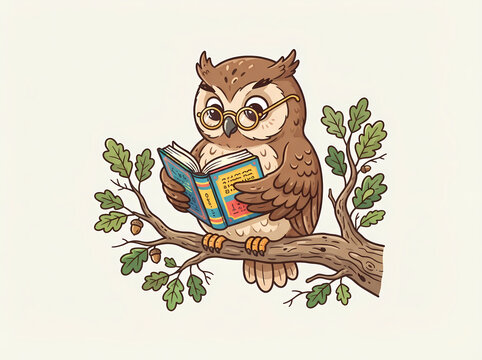 Wise cartoon owl wearing glasses reading a book while perched on an oak tree branch.