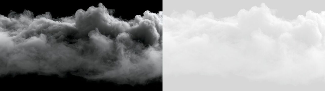 Rolling white smoke cloud isolated on black and transparent background. Dense fog or steam effect for compositing