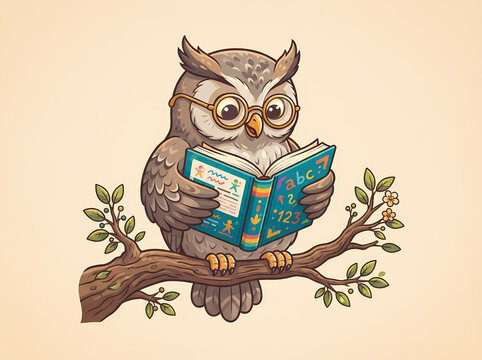 An intelligent owl wearing glasses reading a blue book while perched on a tree branch.