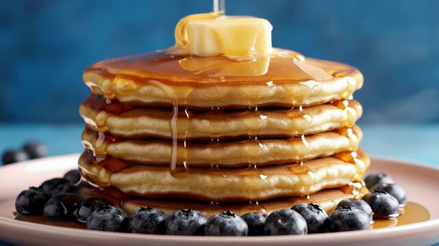 Hearty stack of golden pancakes with butter and syrup surrounded by blueberries