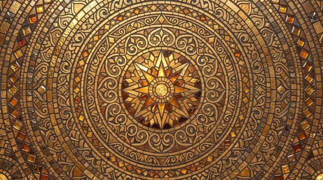 Golden mosaic mandala pattern, intricate circular geometric ornament, luxury gold tile ceiling art with sunburst motif