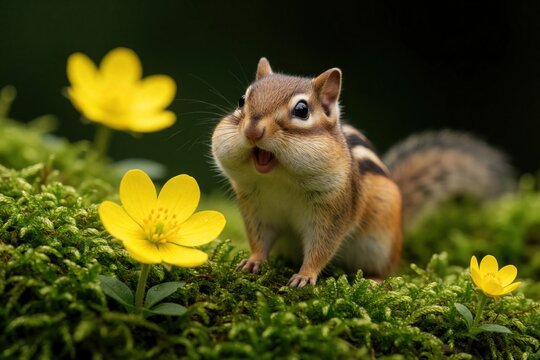 Cute chipmunk sits in green moss with yellow flowers. Small wild animal has full cheeks, wide eyes. Furry mammal looks surprised, chirping, in a forest setting.