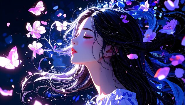 Ilustraci&oacute;n de mujer de perfil con cabello oscuro rodeada de mariposas luminosas en una escena fant&aacute;stica de tonos azules y violetas