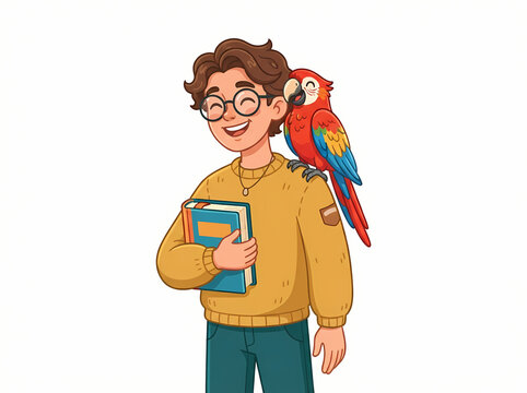 A cheerful young student wearing glasses holding a book with a colorful parrot perched on his shoulder.