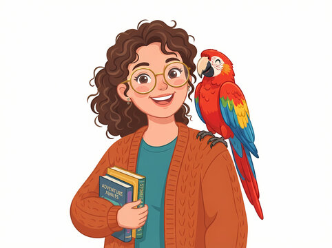 A cheerful young woman with curly hair holding books and a colorful parrot on her shoulder.