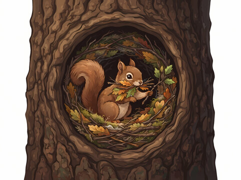 A cute brown squirrel sitting inside a hollow tree trunk surrounded by autumn leaves.