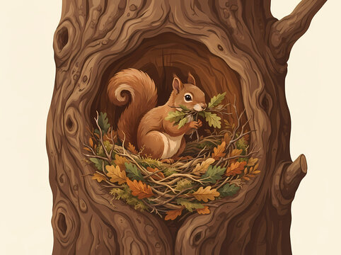 A cute brown squirrel sitting inside a cozy tree hollow nest with autumn leaves.