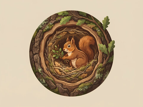 A charming illustration of a cute squirrel nestled inside a cozy tree hollow.