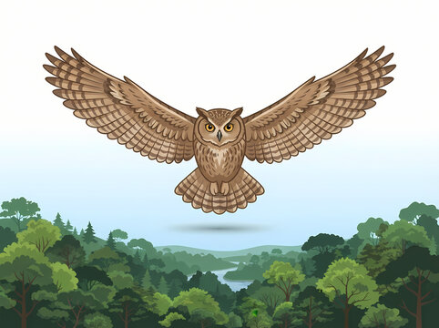 A majestic brown owl flying with wings spread wide over a forest landscape.
