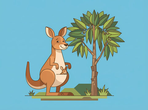A friendly cartoon kangaroo standing next to a tree with a joey in its pouch.
