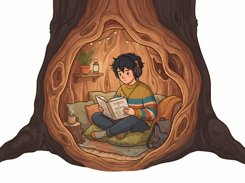 A young person with dark hair reading a book while wearing headphones inside a cozy tree hollow.