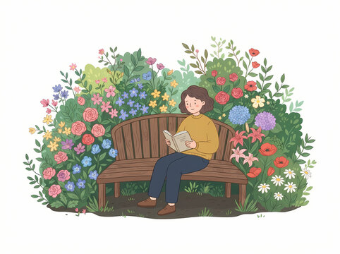 A young woman sitting on a wooden bench reading a book.