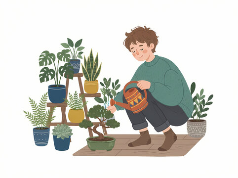 A young person carefully watering a collection of indoor potted plants.