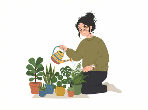 A young woman with glasses watering her collection of indoor potted plants.