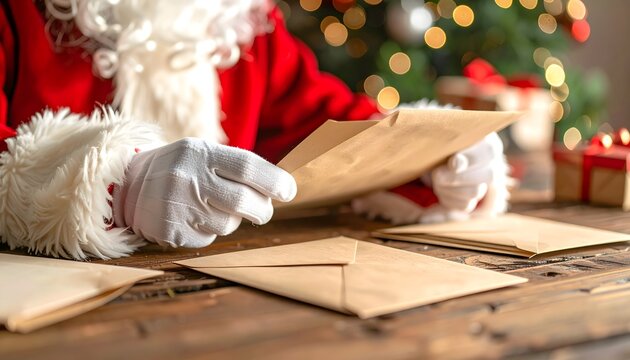 Pap&aacute; Noel revisando cartas y sobres sobre una mesa de madera con &aacute;rbol de Navidad iluminado al fondo