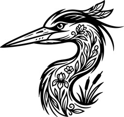 Naklejka premium Artistic Heron Profile with Decorative Floral Patterns Illustration