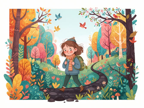 A young girl with a backpack walking through a colorful autumn forest.