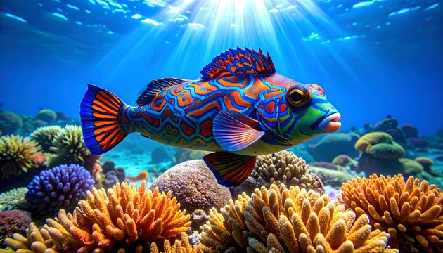 Pez tropical de colores nadando sobre un arrecife de coral iluminado por rayos de luz bajo el agua