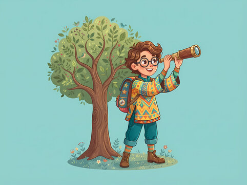 A young child with glasses and a backpack looking through a telescope near a tree.