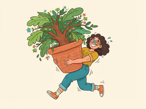 A happy young woman carrying a large potted plant in her arms.