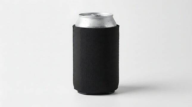 Cold aluminum soda or beer drink can in a black foam insulating sleeve for keeping the beverage chilled. koozie mockup