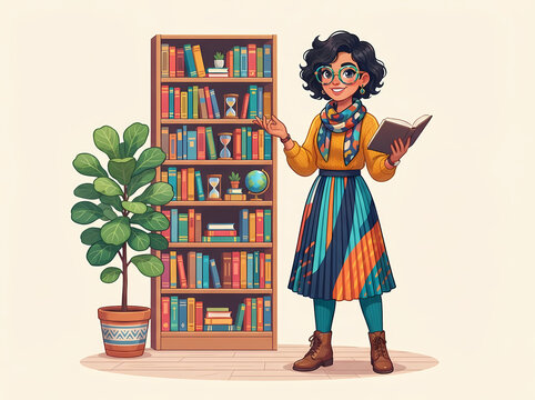 A stylish woman with curly hair holding a book standing next to a bookshelf.