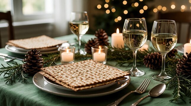 Passover seder table setting with matzo wine candles pine cones and evergreen sprigs. Festive Jewish holiday meal setup with elegant tableware. Family dinner celebration atmosphere.