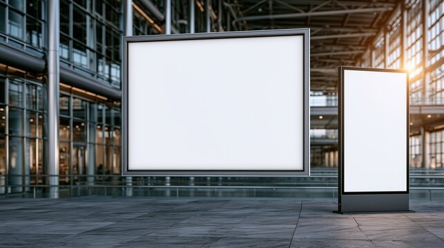 Blank advertising billboards in modern building interior