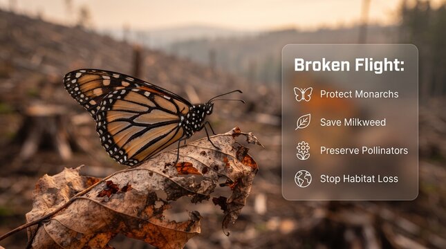 Monarch butterfly resting on dry leaves in a deforested landscape with habitat loss endangered species nature conservation environmental issue protect monarch save monarch preserve pollinat