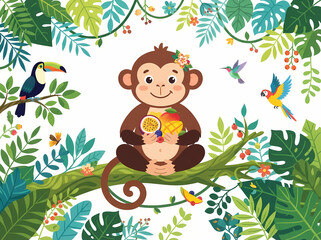 Naklejka premium A cute cartoon monkey sitting on a tree branch holding tropical fruits.