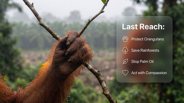 Orangutan hand gripping thin branches in a misty forest canopy with primate hand animal hand grip branches rainforest canopy endangered ape palm oil crisis save rainforest save palms