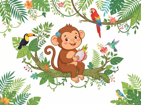 A cute cartoon monkey sitting on a tree branch holding a dragon fruit.