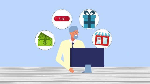 Elderly man shopping online with desktop computer and ecommerce icons animation in cartoon style.
